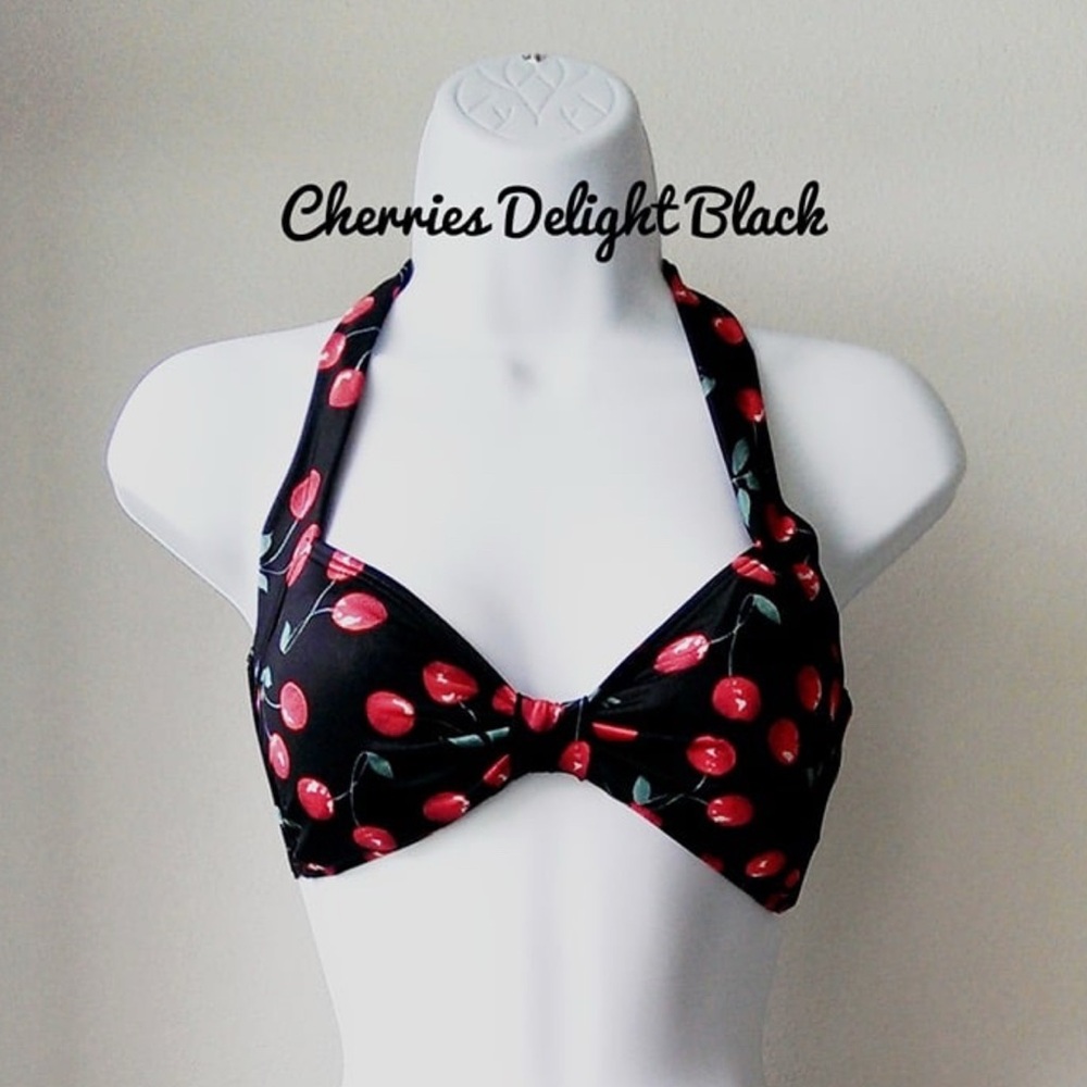 Cherries Delight Black Halter Bikini Top